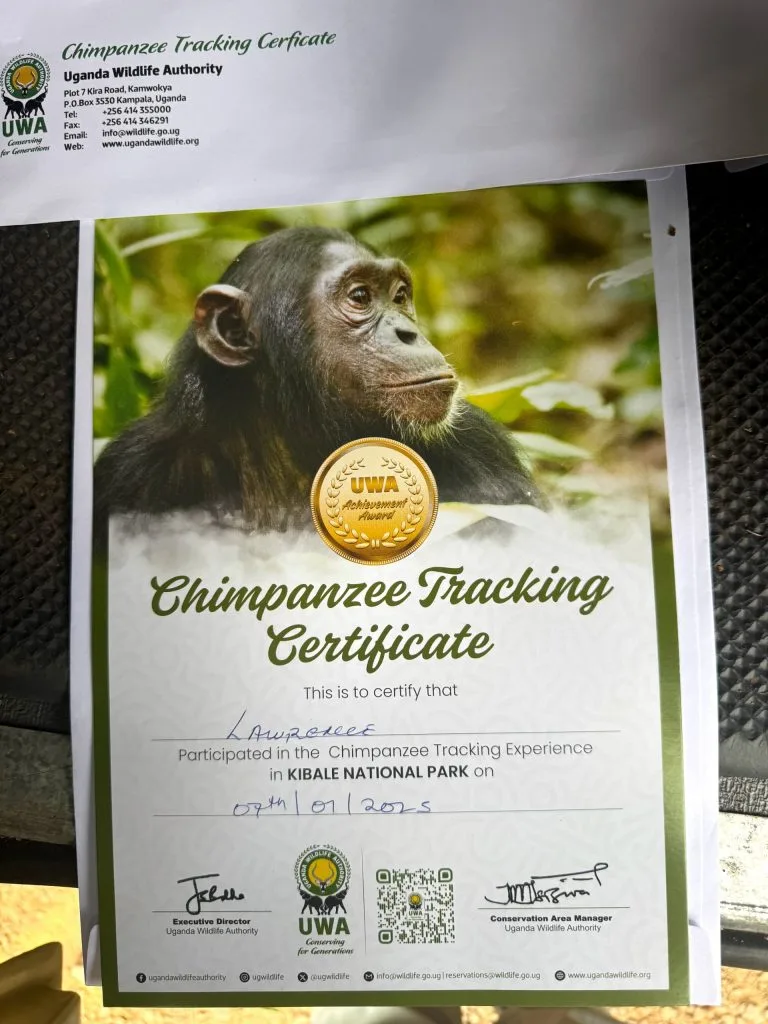 Certificate after Chimpanzee Photography Tours in Uganda