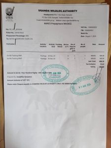Gorilla trekking permit for Bwindi Impenetrable National Park showing what is included in the permit price.