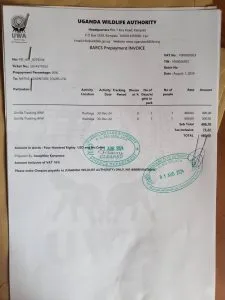 Gorilla trekking permit for Bwindi Impenetrable National Park showing what is included in the permit price.