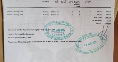 Gorilla trekking permit for Bwindi Impenetrable National Park showing what is included in the permit price.