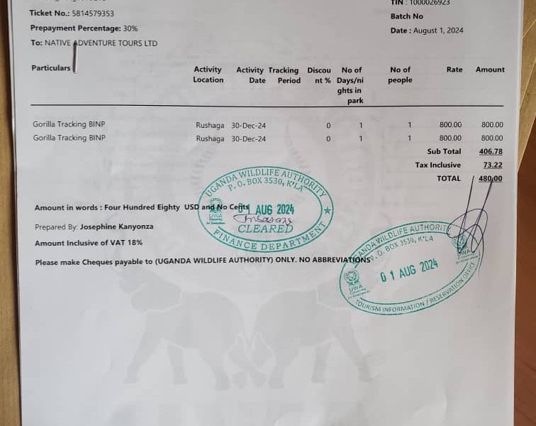 Gorilla trekking permit for Bwindi Impenetrable National Park showing what is included in the permit price.
