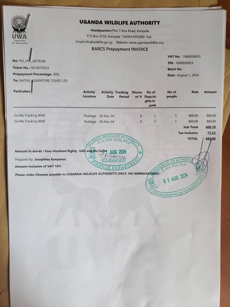Gorilla trekking permit for Bwindi Impenetrable National Park showing what is included in the permit price.