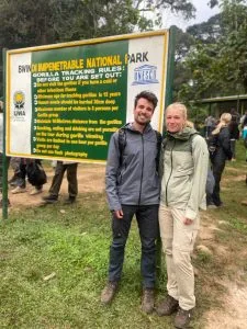 Tourist wearing neutral colours during gorilla trekking in Bwindi Forest