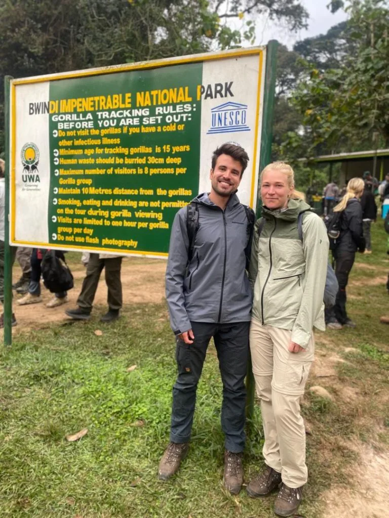 Tourist wearing neutral colours during gorilla trekking in Bwindi Forest