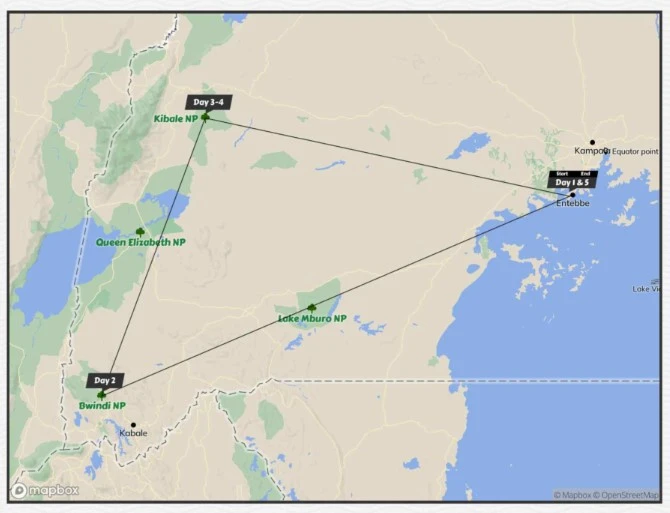 A Travel map of Our Gorilla and Chimpanzee Trekking Safari offered By Native Afirca Tours