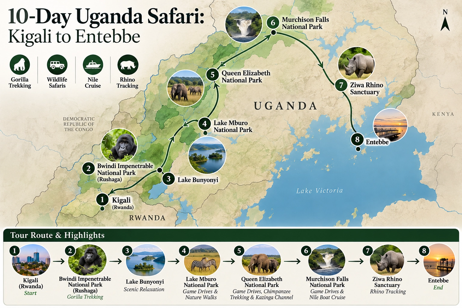 10-Day Uganda Safari Kigali to Entebbe Route Map